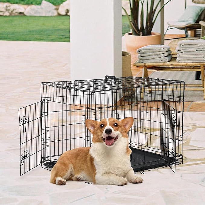 FDW 30 inch Dog Crate Dog Kennel Cage with Double Door Folding Metal Wire Dog Cage with Removable Tray&Divider Panel,Pet Crate for Medium Dogs,Black-PurrikoPets