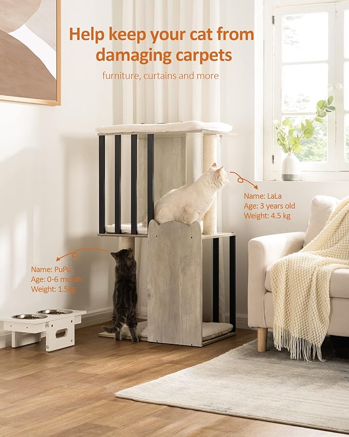 FourFurPets 43.8in 3-Tier Modern Cat Tree Tower Condo, Cat Scratch Posts for Indoor Cats, Big Plate, Two 19.7in Full Sisal Scratching Posts, Greige-PurrikoPets