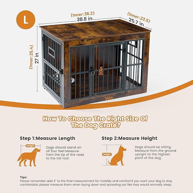 Gardner Pet Dog Crate Furniture for Medium Dogs, 38.8 Inch Dog Kennel Indoor, Wooden Dog Cage End Table with 2 Removable Bowls, Heavy Duty Dog Crate, Rustic Brown-PurrikoPets
