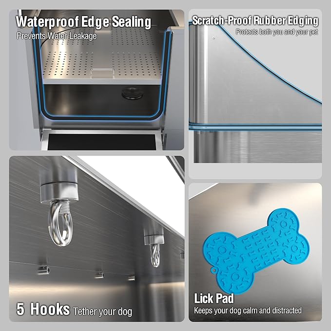50'' Dog Washing Station - 304 Stainless Steel, LED Dog Bathing Station with Ramp, 2 Drawer, Floor Grate & Lick Pad for Large, Medium & Small Dogs-PurrikoPets