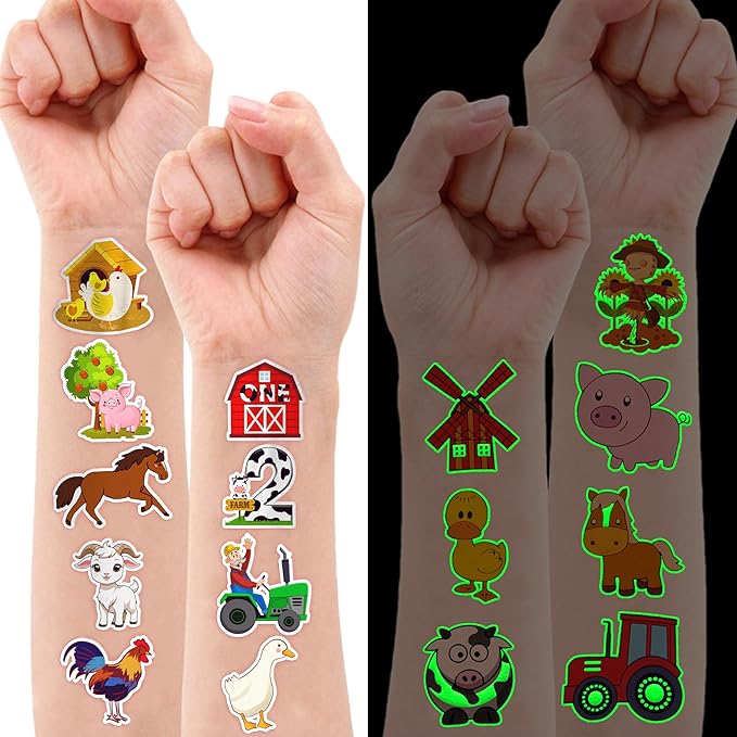 96 PCS Farm Barnyard Animal Glow In The Dark Pre-Cut Temporary Tattoos Sticker 1st First 2nd Birthday Decorations Party Favors Supplies Gift Boy Girl Farmhouse Tattoo School Reward Themed (Luminous)-PurrikoPets