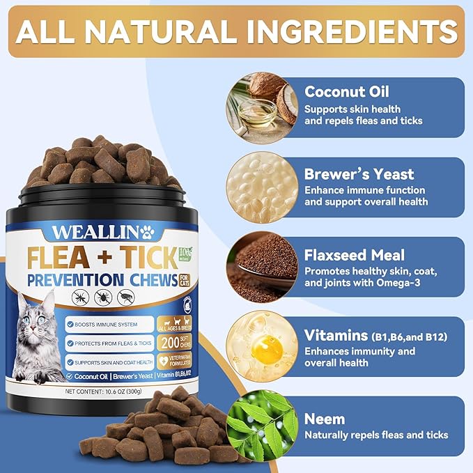Flea and Tick Prevention for Cats, 200 Soft Chews for Fleas Treatment for Cats, Natural Cat Oral Flea Chewables Support Supplement, Flea and Tick Chews for All Breeds & Sizes-PurrikoPets