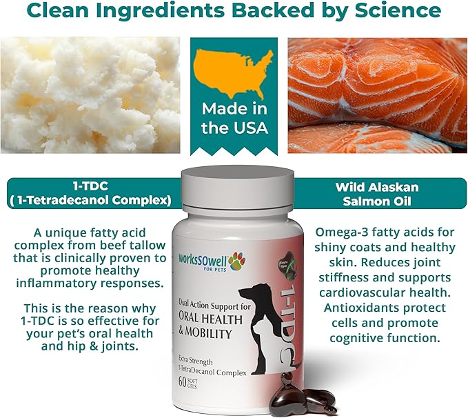 1TDC WorksSoWell Dual Action Joint Supplement for Dogs & Cats - Hip and Joint Supplement for Large Breed & Small Breed - Also Great for Oral Health - Muscle & Stamina Recovery & Arthritis - 60ct-PurrikoPets