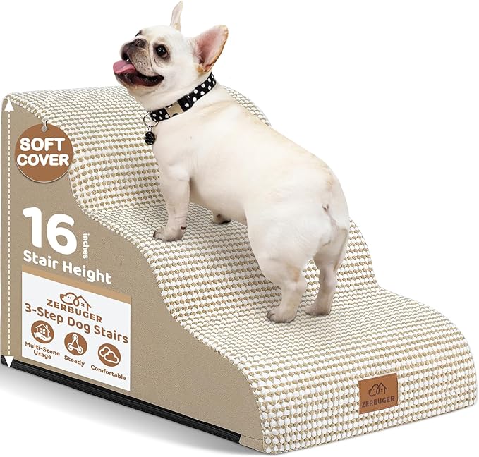 Dog Ramp and Stair for Bed 16" H-20 H,3-Step Cat Stair for Sofa and Chair,4-Step Dog Ramp for High Bed and Window,Durable Nonslip Fabric Cover for Indoor (Beige-16 H, Pet Friendly, 3)-PurrikoPets