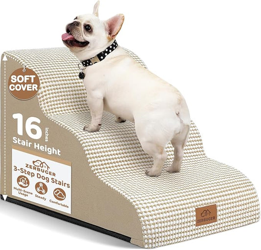 Dog Ramp and Stair for Bed 16" H-20 H,3-Step Cat Stair for Sofa and Chair,4-Step Dog Ramp for High Bed and Window,Durable Nonslip Fabric Cover for Indoor (Beige-16 H, Pet Friendly, 3)-PurrikoPets