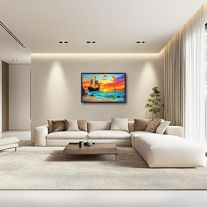 Framed Large Ship Wall Art for Living Room, Oversized Coastal Beach Boat Wall Decor Nautical Seascape Sailboat Canvas Painting Modern Artwork Home Decoration for Living Room Bedroom 36"x24"-PurrikoPets