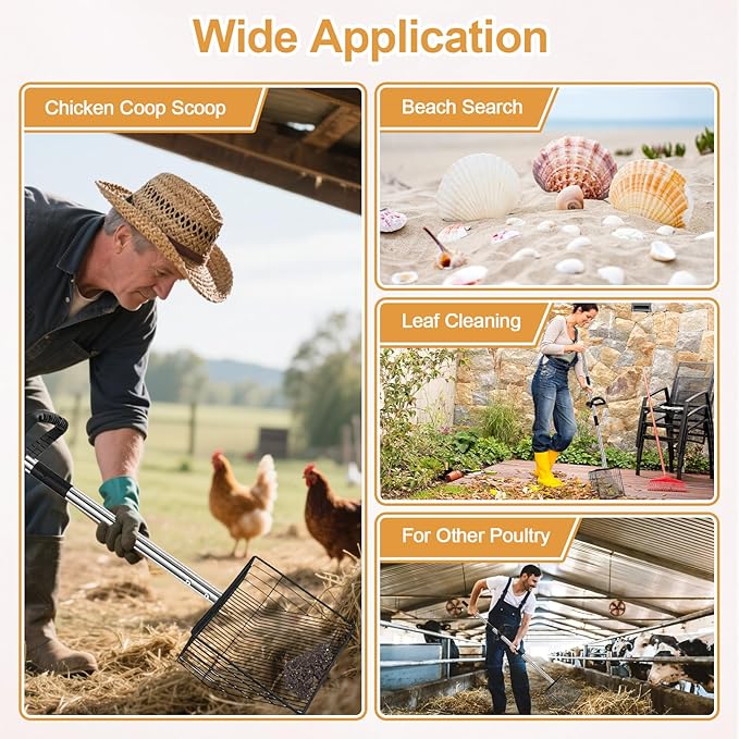 15" Chicken Poop Scooper & Rake, Metal Chicken Coop Scoop for Poop with 24 to 68" Adjustable Stainless Steel Handle, Litter Scooper Sifting Shovel Chicken Coop Accessories-PurrikoPets