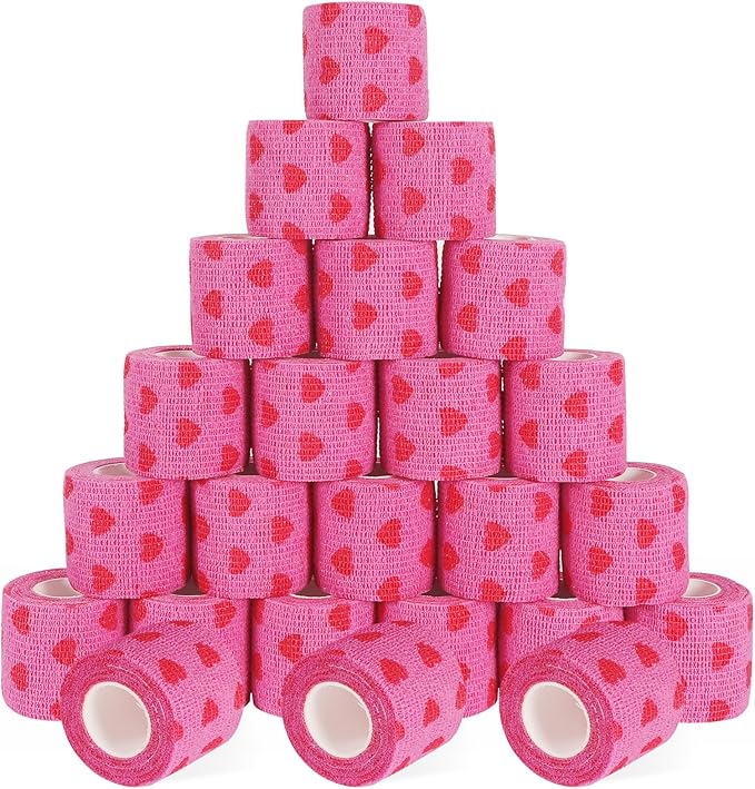 24 Pack Self Adhesive Vet Wrap & Medical Tape, 2 Inch x 5 Yards Cohesive Bandage Wrap - Pink Heart Grip Tape for Ankle, Wrist Sprains, Sports, Pet First Aid-PurrikoPets