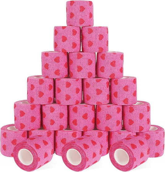 24 Pack Self Adhesive Vet Wrap & Medical Tape, 2 Inch x 5 Yards Cohesive Bandage Wrap - Pink Heart Grip Tape for Ankle, Wrist Sprains, Sports, Pet First Aid-PurrikoPets
