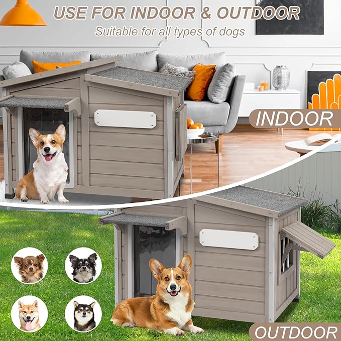 43" L Outdoor Extra Large Dog House with Removable Floor, Raised Feet, Anti-Chewing Iron Frame – Wooden Kennel with Asphalt Roof, Window for Indoor/Outdoor Use, Ideal for Medium to Large Dogs-PurrikoPets