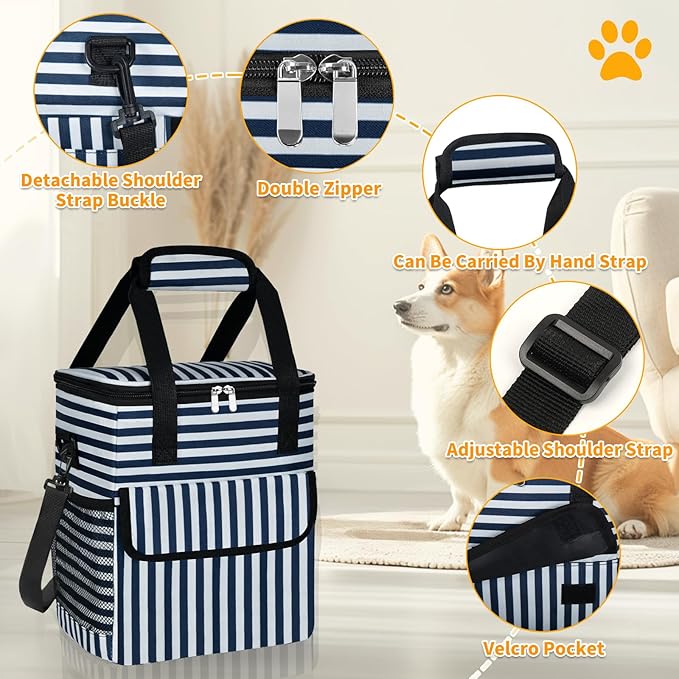 Dog Travel Bag for Camping - Pet Travel Accessories with 2 Collapsible Bowls, 2 Food Containers & Waterproof Feeding Mat - Portable Dog Carrier, Stripe (Small)-PurrikoPets
