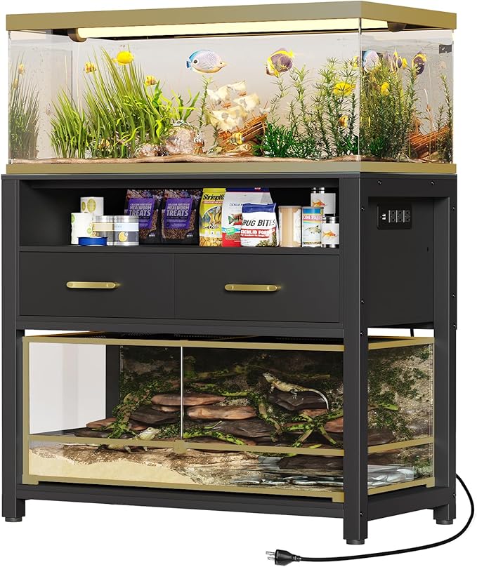 40-50 Gallon Fish Tank Stand with Power Outlet & 2 Storage Drawers, Heavy Duty Metal Frame Aquarium Stand with Waterproof Mat, 36.6" L*19.1" W Tabletop, 800LBS Capacity, Black-PurrikoPets
