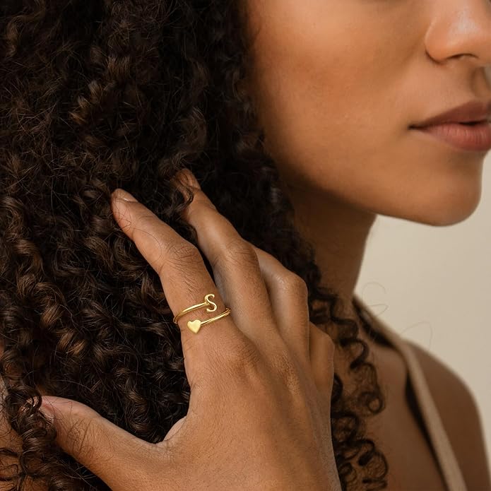 Initial Rings for Women Girls - Valentines Day Gifts for Her, Adjustable Rings for Women Non Tarnish Letter A-Z Dainty Heart Ring Teen Girls Gifts Trendy Stuff Personalized Jewelry Gift