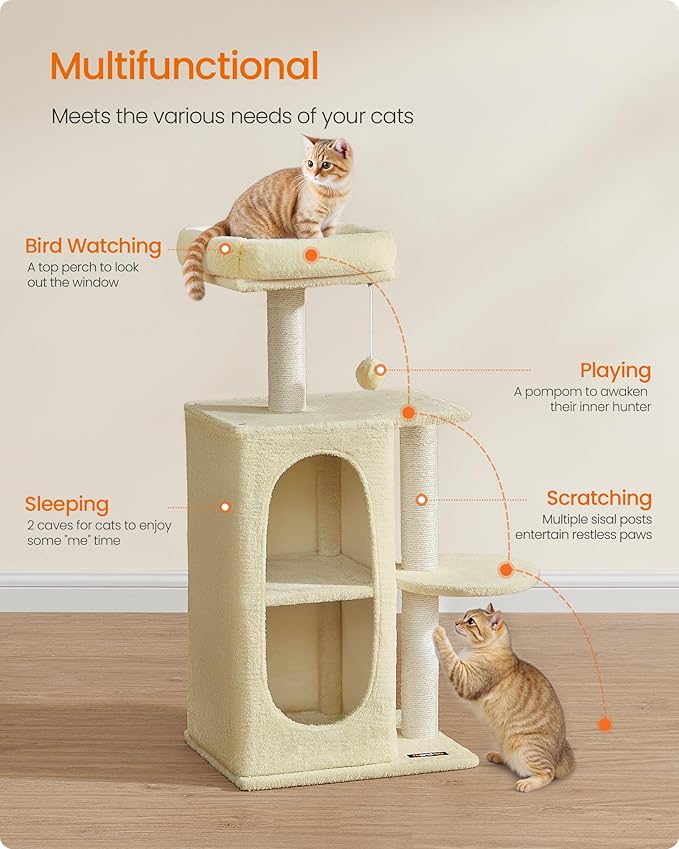 Feandrea Cat Tree Tower with 2 Caves for Multi-Cat Households, Kittens, Scratching Posts, Sand Beige UPCT005Y01-PurrikoPets