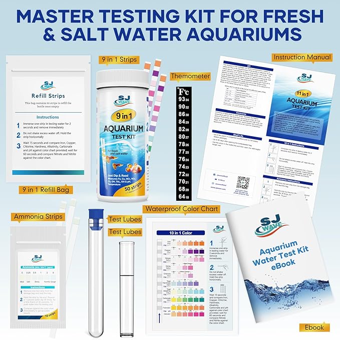 11 in 1 - Aquarium Test Strips | 950 Tests - 150 Strips | Fish Tank Aquariums Water Test Kit & ebook | Aquarium Thermometer | Fish Tank Water Testing Kit Includes 50 Ammonia Strips | Versatile Usage-PurrikoPets