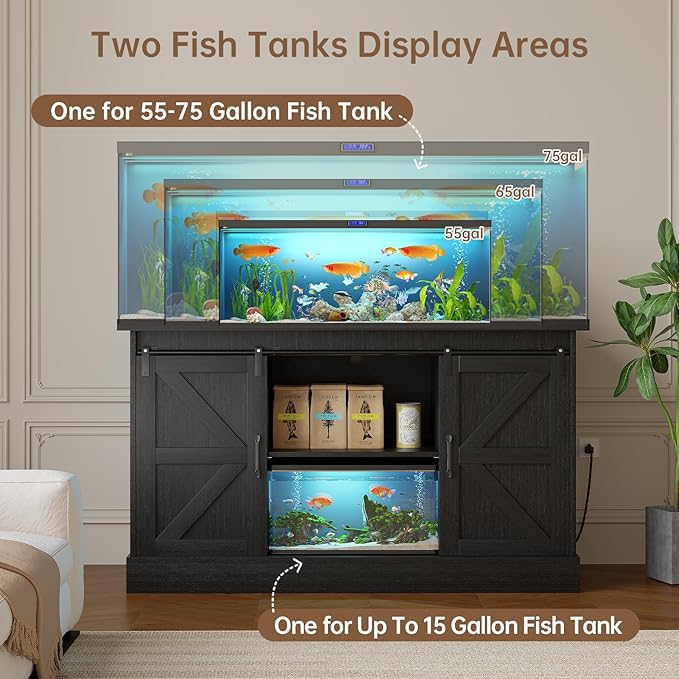 55-75 Gallon Fish Tank Stand with Sliding Barn Doors & Power Outlet, Heavy Duty Aquarium Stand with Cabinet Storage for Fish Tank, Turtle Tank, Reptile Terrarium, 1000LBS Capacity, Black-PurrikoPets