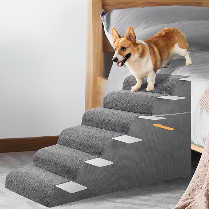 ABORON 𝟲 𝗦𝘁𝗲𝗽𝘀 Dog Steps for High Bed, 26 Inch High Dog Stairs for Small Dogs, Waterproof Pet Stairs for Small Old Large Dogs and Cats with Removable Cover & PE Support Board for Bed/Car/Couch-PurrikoPets