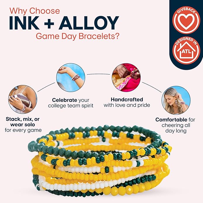 INK + ALLOY Game Day Bracelet Stacks, Beaded Bracelets for Football Gameday Outfits, Handmade Jewelry for College Students, Teachers, Football Moms, Set of 10