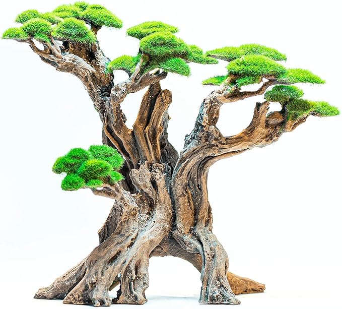 Fish Tank Decor- Bonsai Tree of The Forest with Faux Moss- Aquarium Decoration Aquascaping- Made of Sandstone, 8.8 x 4.3 x 7.8 inches-PurrikoPets