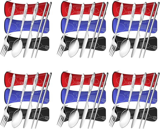 6 Pack Reusable Flatware Sets Knife, Fork, Spoon, Chopsticks, 24Pcs Portable Travel Stainless Steel Tableware Dinnerware with Carrying Case-PurrikoPets