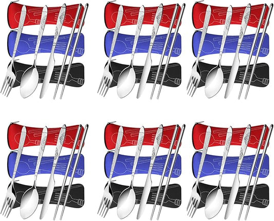 6 Pack Reusable Flatware Sets Knife, Fork, Spoon, Chopsticks, 24Pcs Portable Travel Stainless Steel Tableware Dinnerware with Carrying Case-PurrikoPets