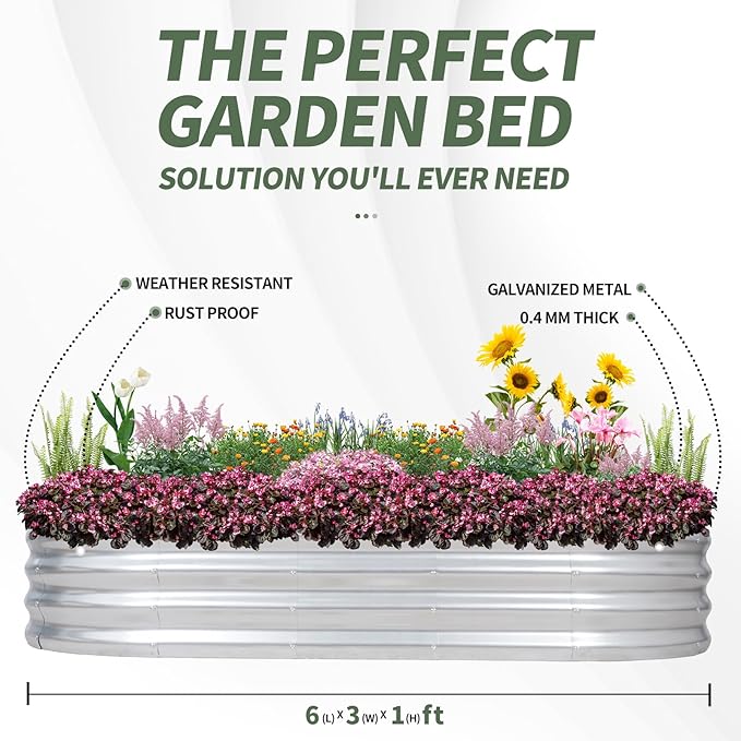 1MORE Galvanized Raised Garden Bed- Planter Garden Boxes Outdoor, Raised Beds for Gardening, 6x3x1ft Metal Garden Bed Kit for Vegetables Flower, Planter Raised Bed with Protective Tape & Tools.Silver-PurrikoPets