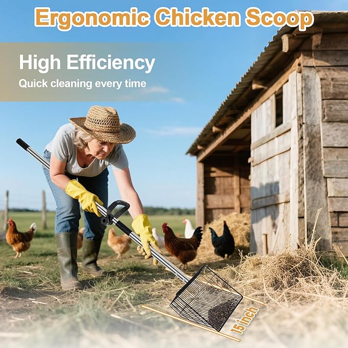 15" Chicken Poop Scooper & Rake, Metal Chicken Coop Scoop for Poop with 24 to 68" Adjustable Stainless Steel Handle, Litter Scooper Sifting Shovel Chicken Coop Accessories-PurrikoPets