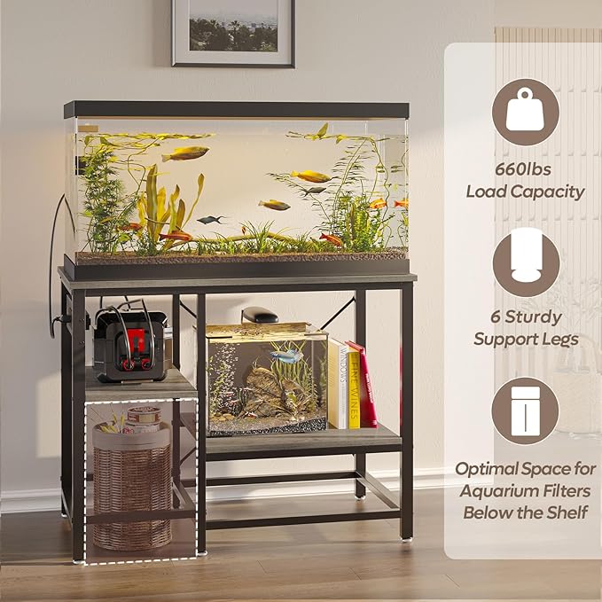 40-50 Gallon Fish Tank Stand with Charging Station, 36x19 Metal Aquarium Stand with 3-Tiers Adjustable Storage Shelves, 6-Legs Reptile Terrarium Stand, 660 LBs-PurrikoPets
