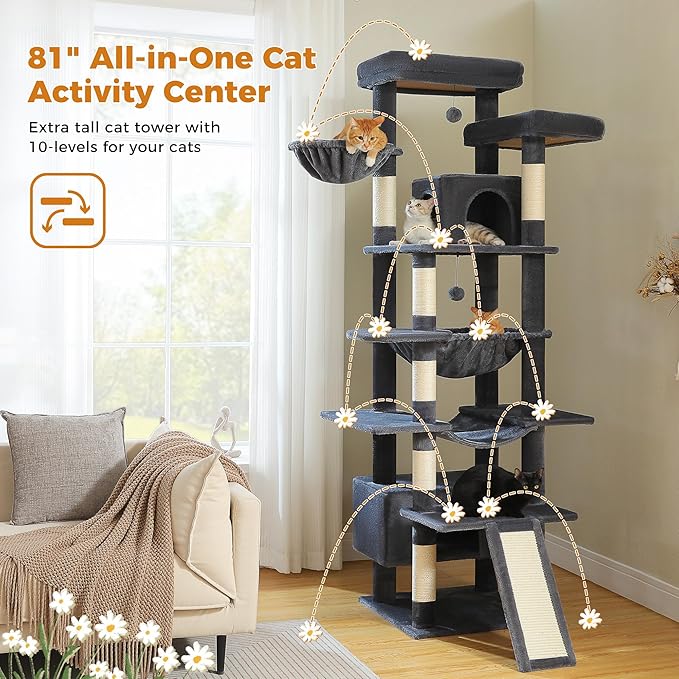 81 Inch Tall Cat Tree for Big Cats & Multi-Cat Homes, Large Heavy Duty Cat Tower with Metal Frame Hammock, 6 Scratching Posts, 2 Condos, 2 Perches, Scratching Pad - Dark Grey-PurrikoPets