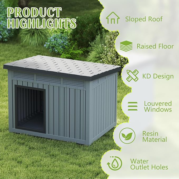 Dog House Indoor Outdoor,Resin Waterproof Puppy Shelter with Air Vents and Elevated Floor,Air Rod on Top to Open,Dog Kennel for Small to Large Dogs(Grey,42.87 * 32.95 * 31.61)-PurrikoPets