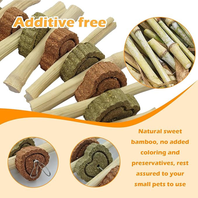 4 PCS Rabbit Chew Toys for Teeth Grinding, Delicious Bunny Cage Hanging Chew Toys, Natural Sweet Bamboo Chew Sticks and Timothy Grass Cake Hay Treats Maintaining Healthy Teeth for Rabbits-PurrikoPets