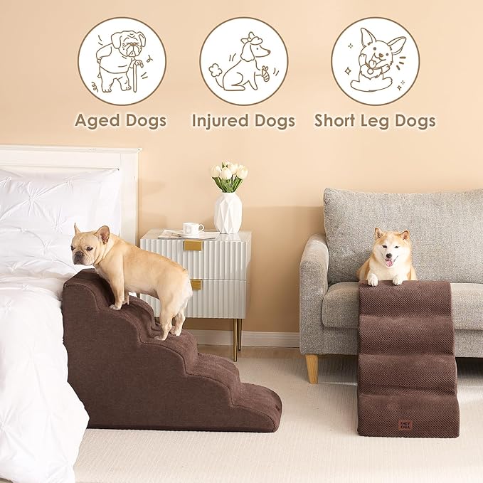 EHEYCIGA Curved Dog Stairs Ramp for High Beds 22.6" H, 5-Step Dog Steps for Small Dogs and Cats, Pet Stairs for High Bed Climbing, Non-Slip Balanced Pet Step Indoor, Brown-PurrikoPets
