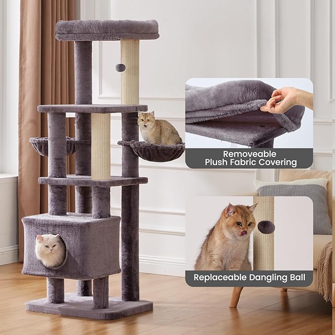 Gardner Pet 65in Heavy Duty Cat Tree Tower for Large Cats, Multi-Level Cat Furniture with Replaceable Sisal Scratching Post, Hammock | Extra-Large Platform & Condo (Upgraded Grey)-PurrikoPets