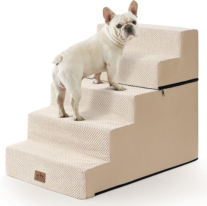 Dog Stairs for Small Dogs, 5 Tier Removable Wider Pet Stairs for Couch and Bed, 23.6" H Non-Slip Dog Steps for Puppies and Old Cats with Support Board, 29.5x19.7x23.6 inch, Beige-PurrikoPets
