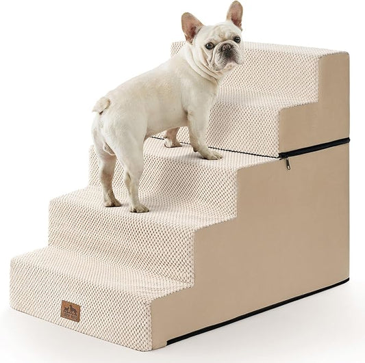 Dog Stairs for Small Dogs, 5 Tier Removable Wider Pet Stairs for Couch and Bed, 23.6" H Non-Slip Dog Steps for Puppies and Old Cats with Support Board, 29.5x19.7x23.6 inch, Beige-PurrikoPets