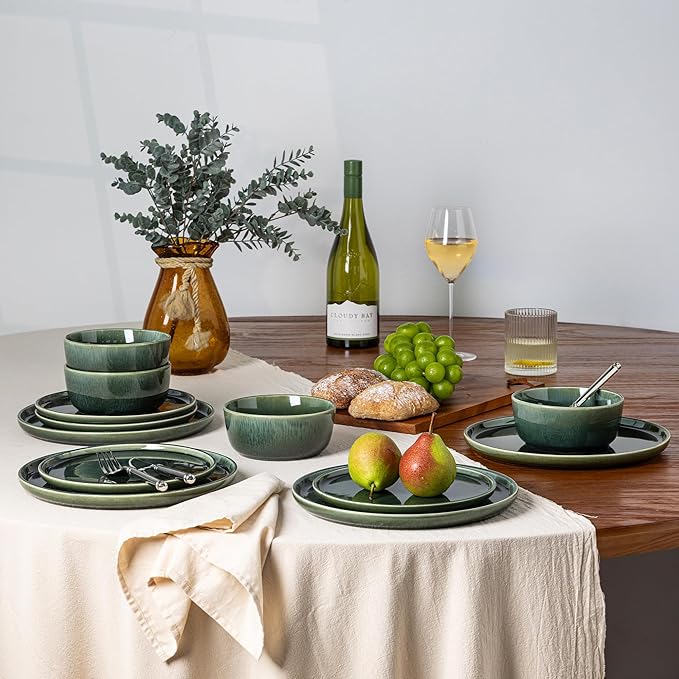 GBHOME Ceramic Dinnerware Sets for 6, 18 Pieces Stoneware Plates and Bowls Sets, Reactive Glaze Dishes -Scratch Resistant, Dishwasher&Microwave Safe, Earth Green-PurrikoPets
