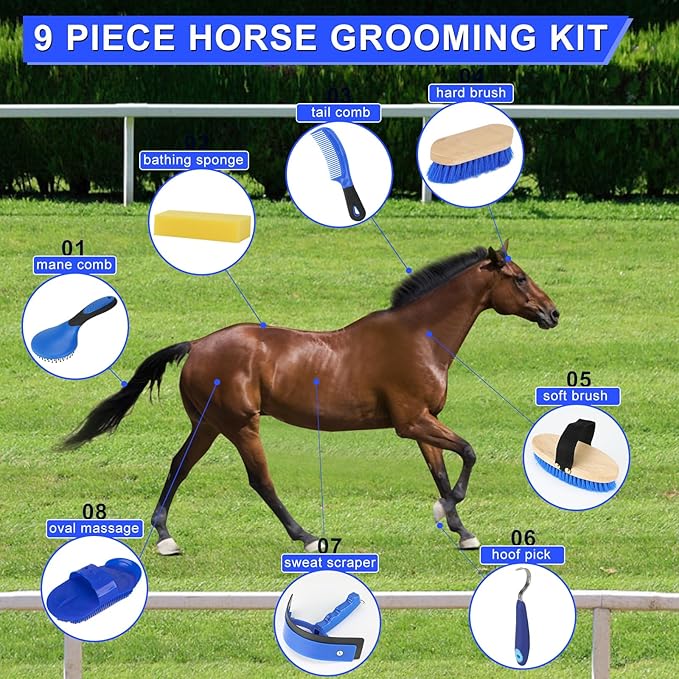 9 Pieces Grooming Kit with Tote Bag - Horse Brush Set, Sweat Scraper, Sponge, Hoof Pick, Curry Comb for Riders and Beginners (Blue)-PurrikoPets