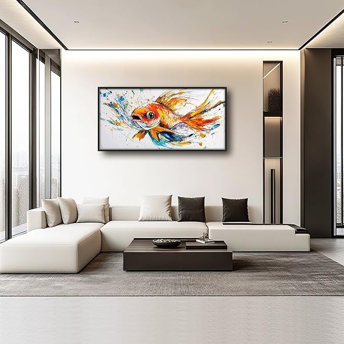 Framed Large Fish Wall Art for Living Room, Oversized Graffiti Goldfish Wall Decor Watercolor Fishing Canvas Painting Modern Artwork Home Decoration for Living Room Bedroom Office 60"x30"-PurrikoPets