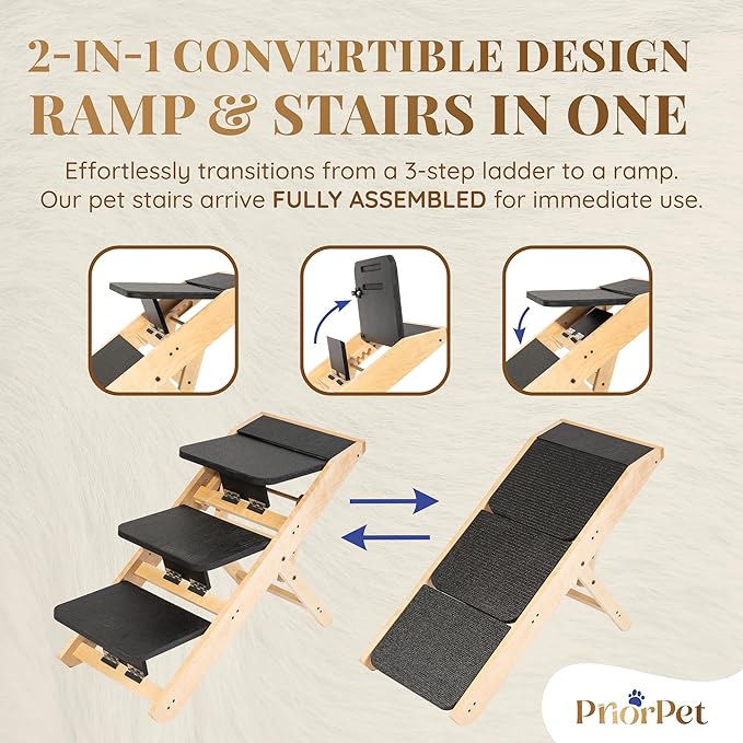 Dog Steps for Bed & Couch 2-in-1 Dog Stairs/Ramp - Height Adjustable Dog Ramp for Couch 7” - 20” - Pet Stairs, Dog Stairs for Small Dogs - Easy to Move Pet Steps with Landing Platform, Natural-PurrikoPets