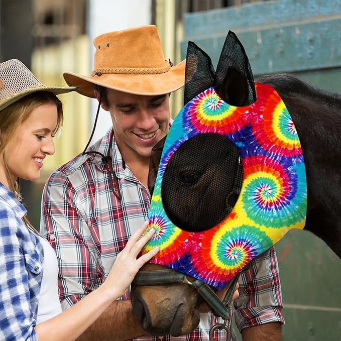 Frienda 4 Pieces Horse Fly Masks with Ears Face Covering UV Protection from Insect Pests Elasticity Smooth Comfortable Mesh Horse Mask Accessories(Tie-dye,Medium)-PurrikoPets