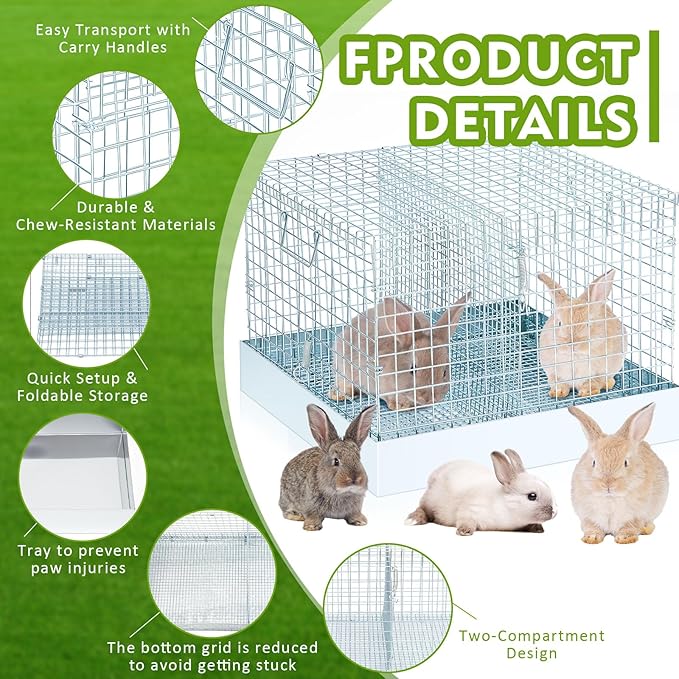 Folding Rabbit Cage, 18 x 18 x 14 in Portable Bunny Carrier with Tray and Handles for Transport, Trave or Temporary Housing, Indoor Outdoor Pet Habitat Animal Enclosure-PurrikoPets