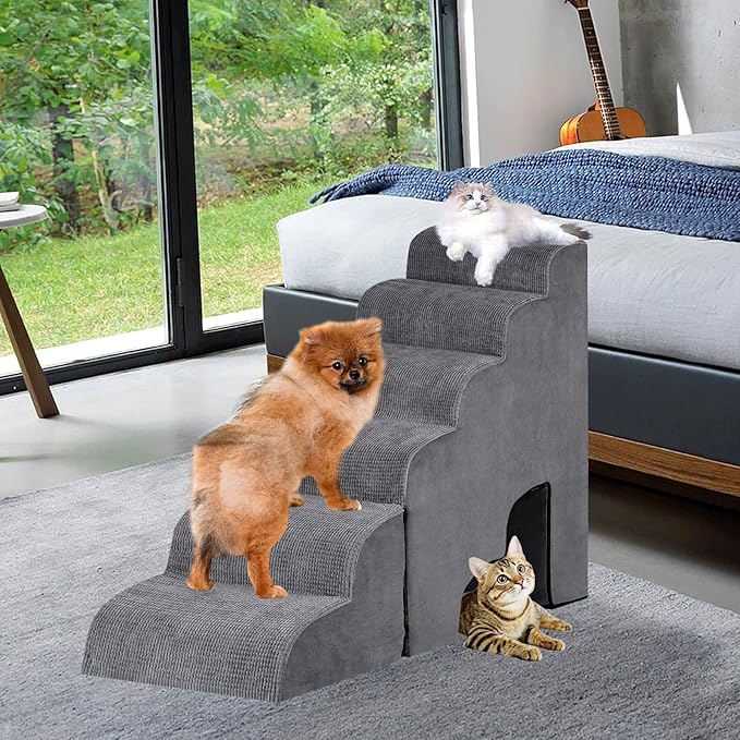 6 Step Dog Stairs&Steps 29 Inches Tall Up to 29-32 Inches High Bed, Dog Ramp Cat Stairs Pet Ladder for Small Medium Dogs, Doggie, Old Cats, Kitty, Grey-PurrikoPets