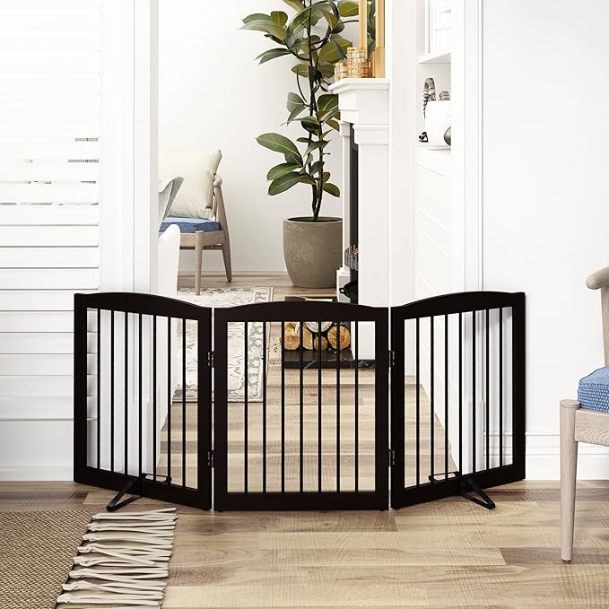 Freestanding Pet Gate for Dogs, Foldable Wooden Dog Gate for House, Indoor Dog Gate for Doorways, Stairs, Gates for Dogs Indoor, Support Feet Included, 24" Height 3 Panels, Brown-PurrikoPets