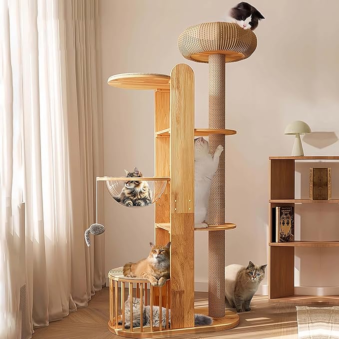 75 inch Cat Tree Tower for Indoor Cats Large Adult, Modern Big Cat Climbing Tower, Tall Cats Post, Corner Wood Cute Cat Condo with Sisal Scratching Posts-PurrikoPets