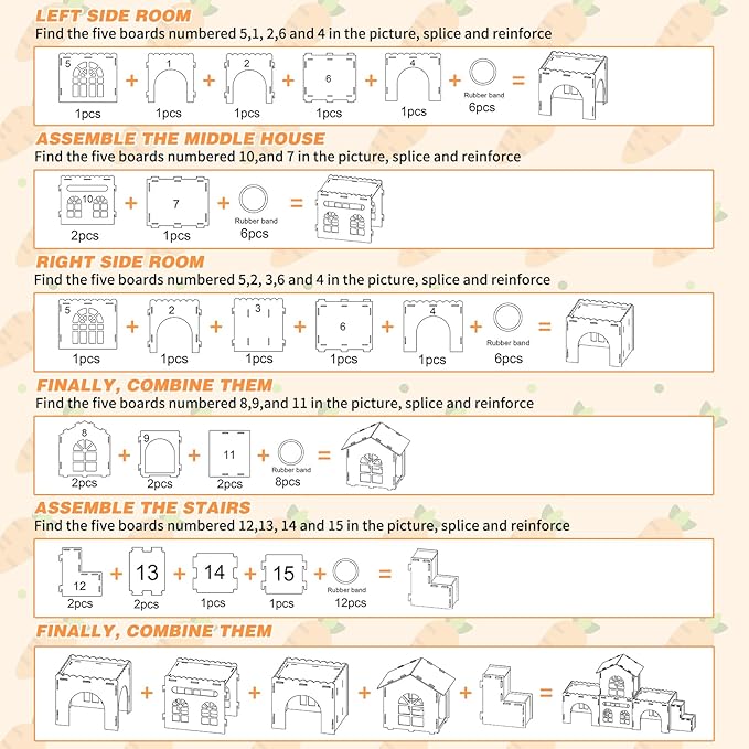 Extra Large Bunny Castle Hideout, Wooden Bunny House and Hideouts Detachable Rabbits Hideaway, Indoor Rabbit Castles Sturdy Small Animal Play Hideaway Hut for Rabbits, Guinea Pigs, Chinchillas-PurrikoPets