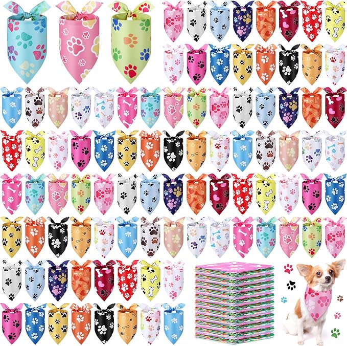 Abbylike 200 Pcs Paw Print Dog Bandanas Bulk Soft Triangle Scarves for Pets Party Costume Doggie Walking Photo Props Bibs for Pets Shops Grooming Groomers Adoption Events Halloween Party Gifts-PurrikoPets