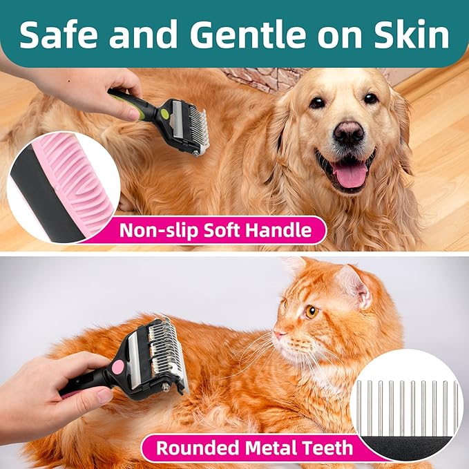 3-IN-1 Pet Grooming Tool - Undercoat Rake, Dematting Comb & Deshedding Brush for Cats & Dogs - Removes Mats, Tangles & Loose Fur, Reduces Shedding & Prevents Hair Mess (Pink)-PurrikoPets