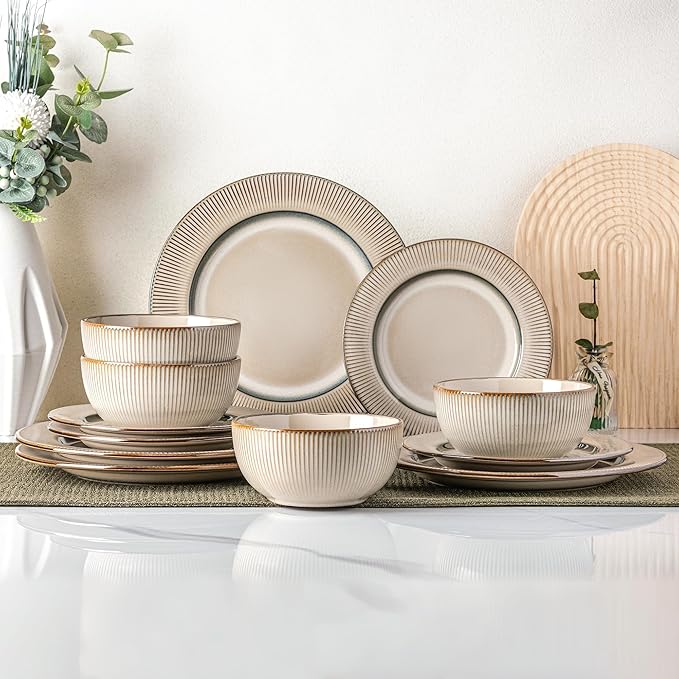 GBHOME Ceramic Dinnerware Sets,12 pcs Embossed Elegant Stoneware Plates and Bowls Sets, Housewarming Wedding Gift | Dishwasher & Microwave Safe | Dishes Set Service for 4-PurrikoPets