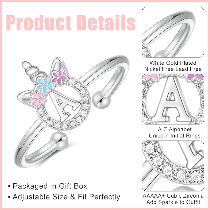 Unicorn Rings Gifts for Girls - Adjustable Initial Ring Dainty Cute Unicorn Rings for Girl Teens Little Girls Jewelry Birthday Gift