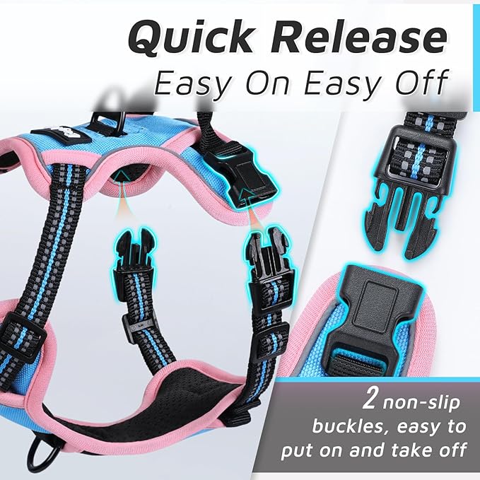 Eagloo Small Dog Harness No Pull, Service Vest with Reflective Strips and Control Handle, Adjustable and Comfortable for Walking, No Choke Pet Harness with 2 Metal Rings, Pink & Blue, XS-PurrikoPets